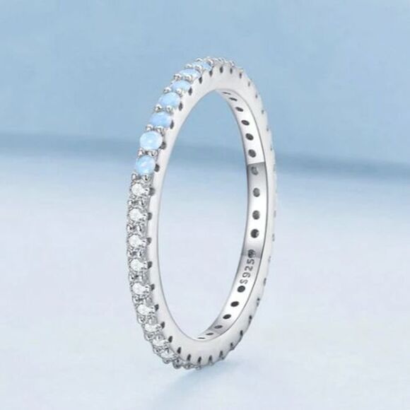 Sterling Silver Eternity Ring Size 7 Light Blue Lab Created Simulated Opal CZ - Picture 1 of 16